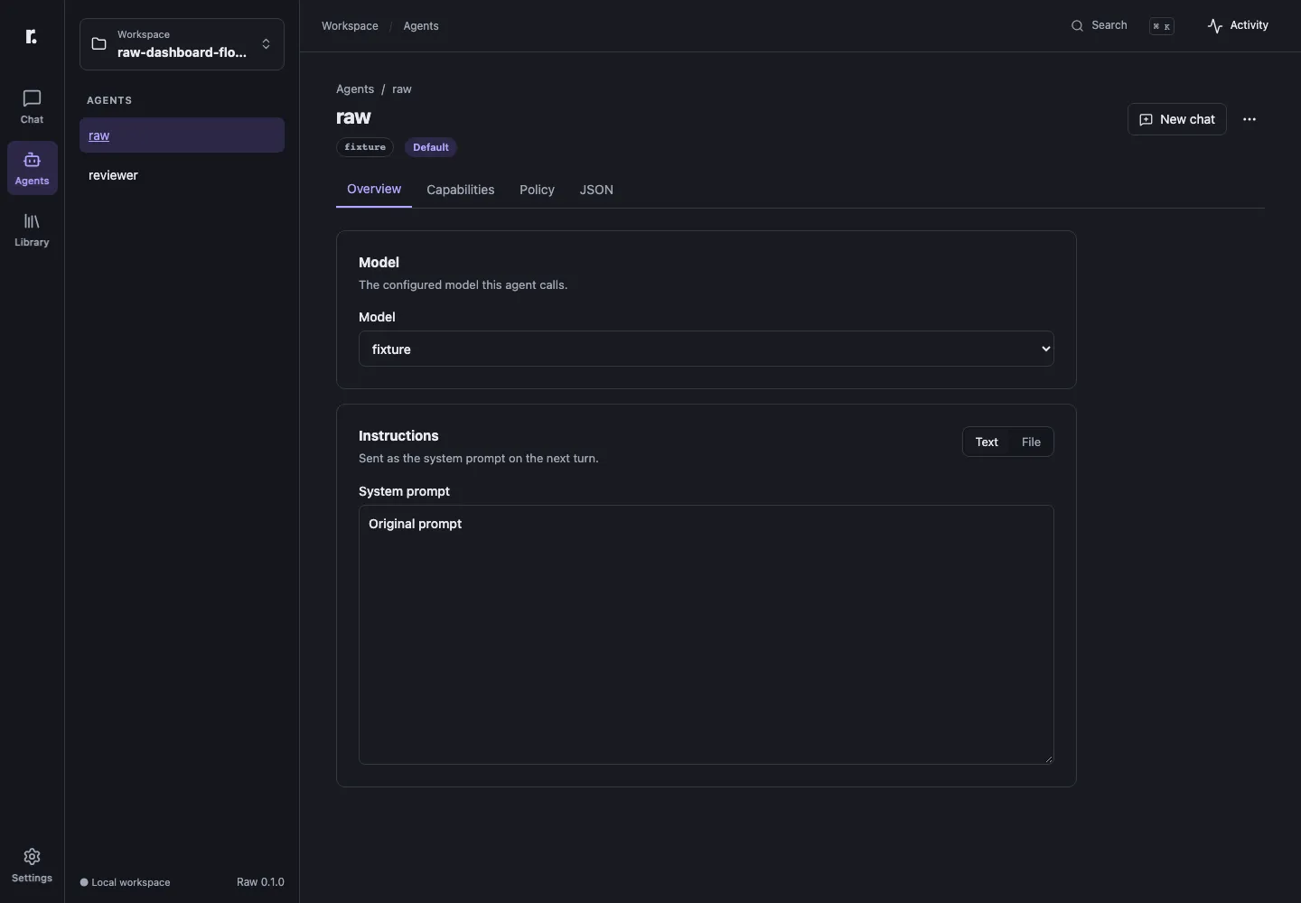 The agent editor in dark mode, showing the model and tabs for the agent's settings.