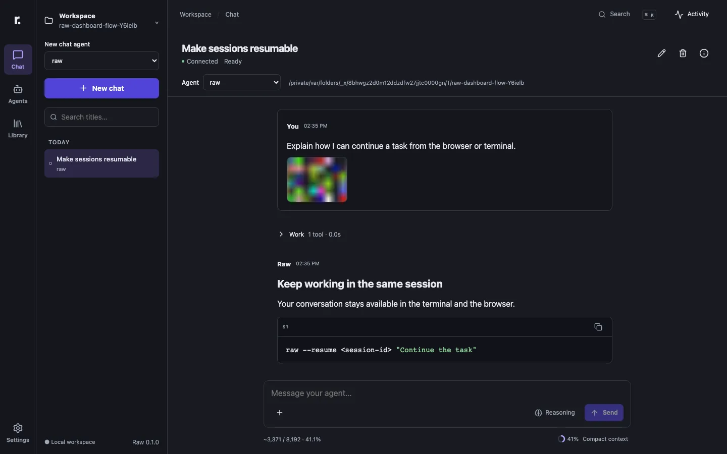 Raw dashboard showing a chat session with tool activity and the session list