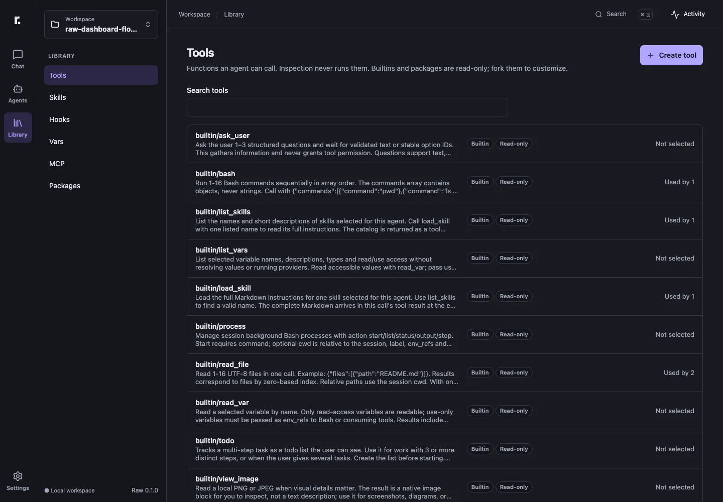 The Library tools list in dark mode, with source badges and the agents that use each tool.