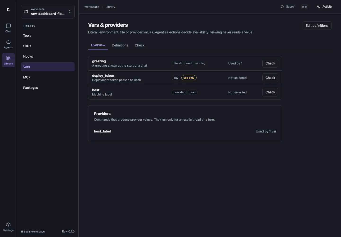 The variables overview with safe summaries and no values.