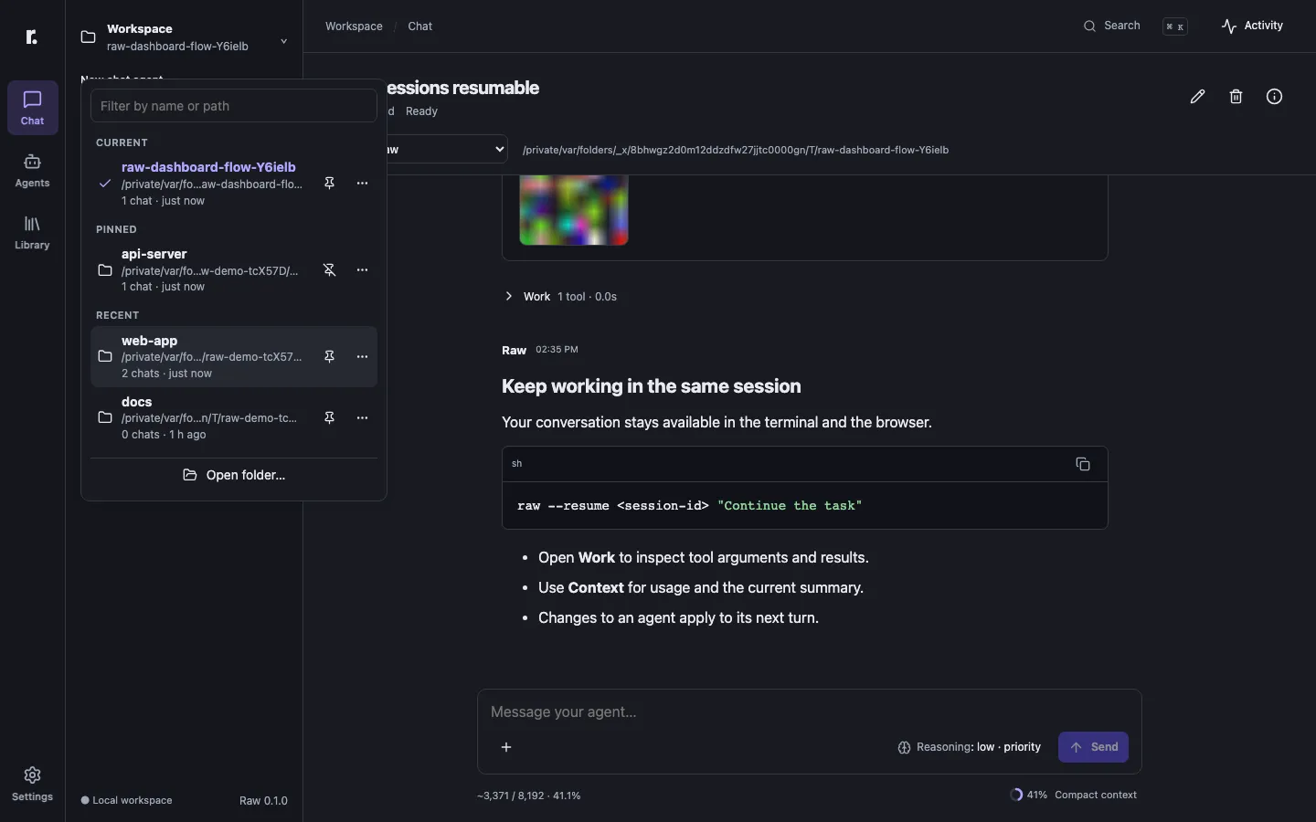 The workspace switcher listing pinned and recent workspaces.